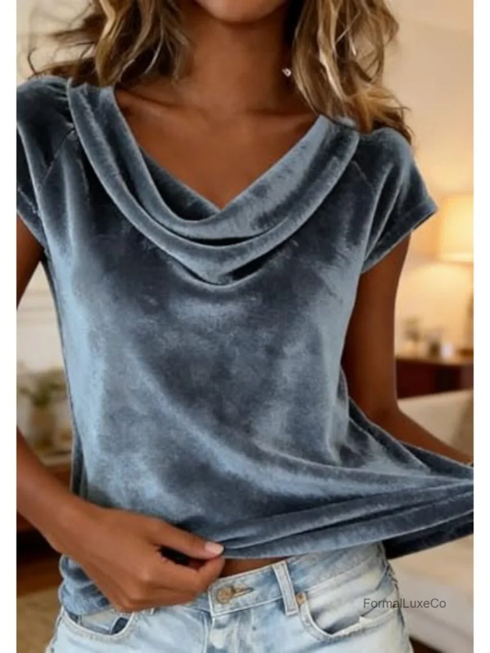 Velvet Cowl Neck Blouse Loose Fit Short Sleeve Elegant Casual